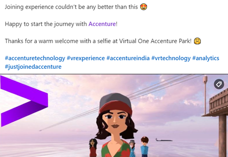 An employee provides positive organic feedback on LinkedIn for Accenture's metaverse onboarding