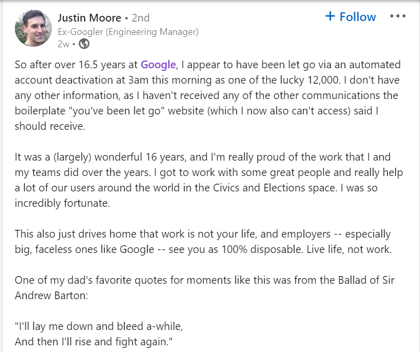 Justin Moore posts about Google Layoffs