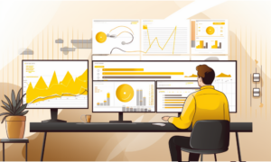Banner image for article: Planning a people analytics revolution? Use an incremental change method instead showing an employee sitting at a desk studying a data