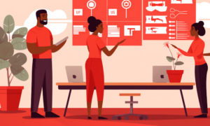 Banner image for article How business-driven HR upgrades existing HR operating models, showing three employees in front of a workflow chart