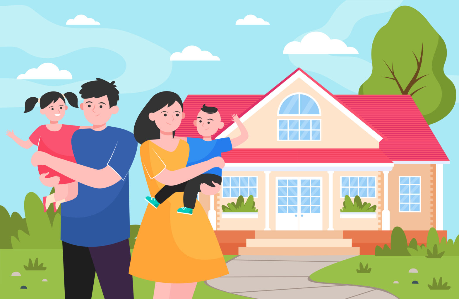 Happy young family standing in front of house flat vector illustration. Cartoon mother, father and kids being outside together. Togetherness, love, home and happiness concept